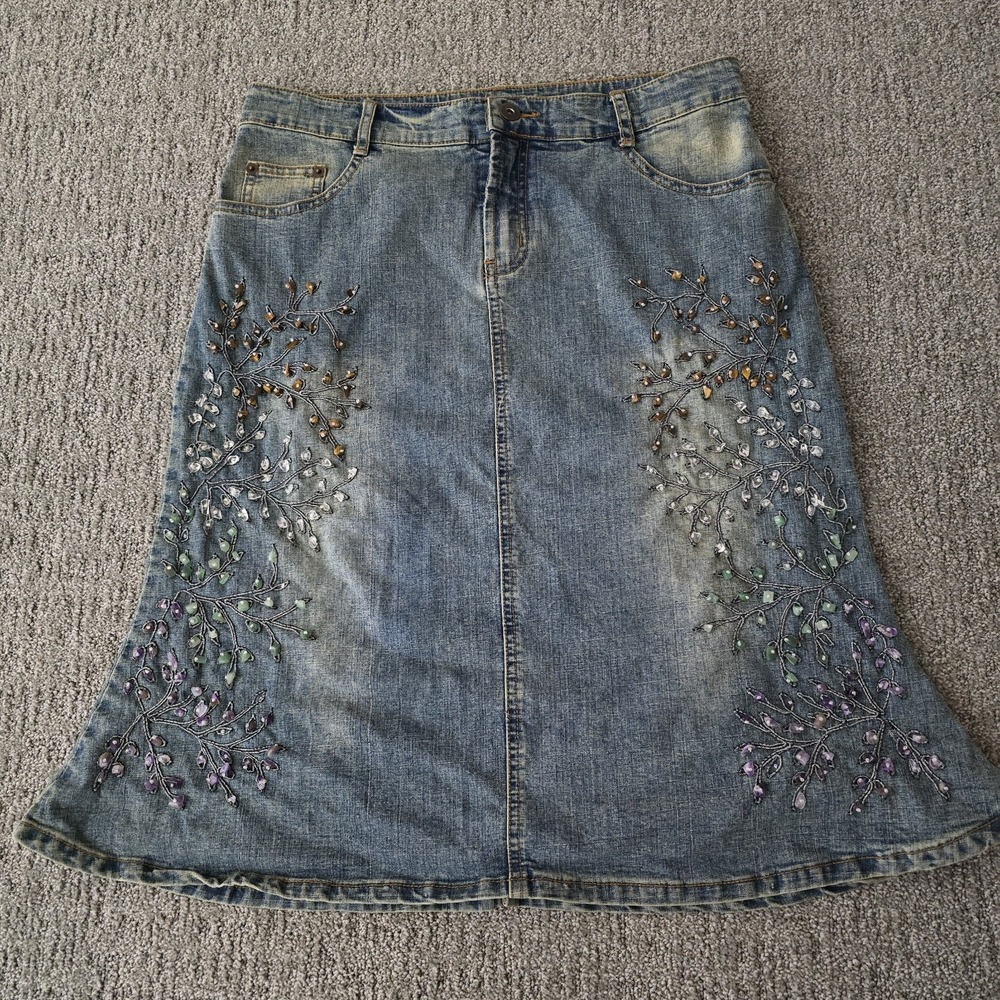 Vintage Mango‎ Beaded Denim Skirt Y2K Fairy Boho Festival A Line Size 12